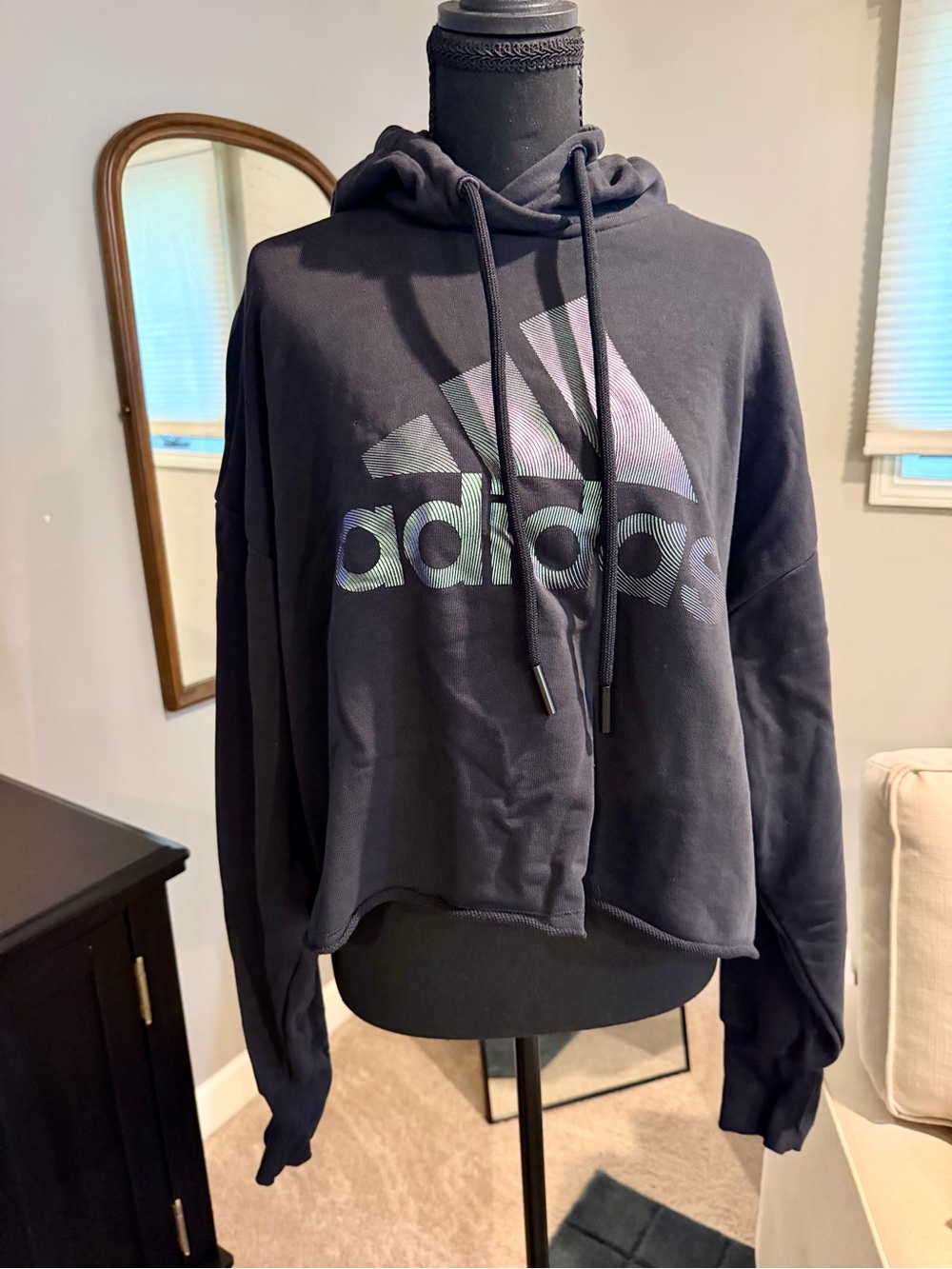 adidas Black Cropped Hoodie with Iridescent Logo